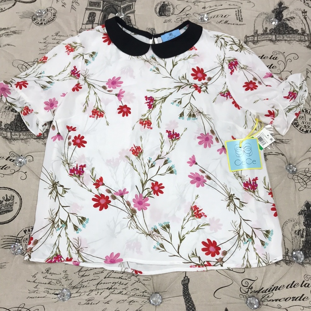 🎁Cece Enchanted Wildflower Collared Short Sleeve Top - Picture 2 of 9